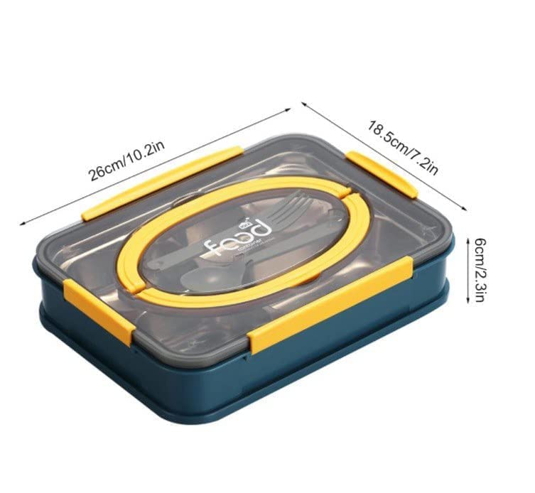 Stainless Steel Lunch Box 4 Compartments, Adult Food Storage Containers Airtight Sealed Lids with Large Capacity. Pack of 1. (4 Compartment Lunch Box with Handle. (1250ml))