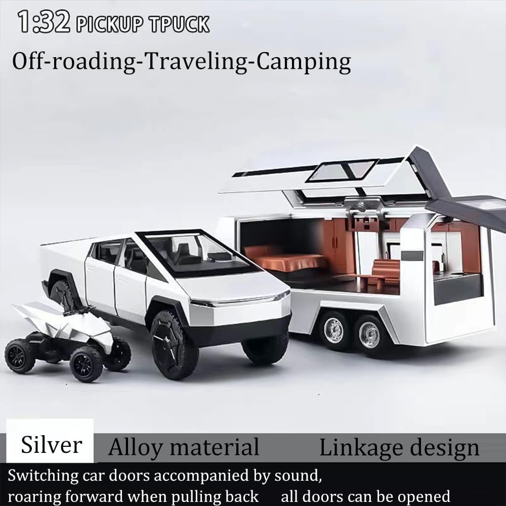 Tesla Cyber Truck Pick-up Trailer Camper 1:24 Diecast Scale Model Car