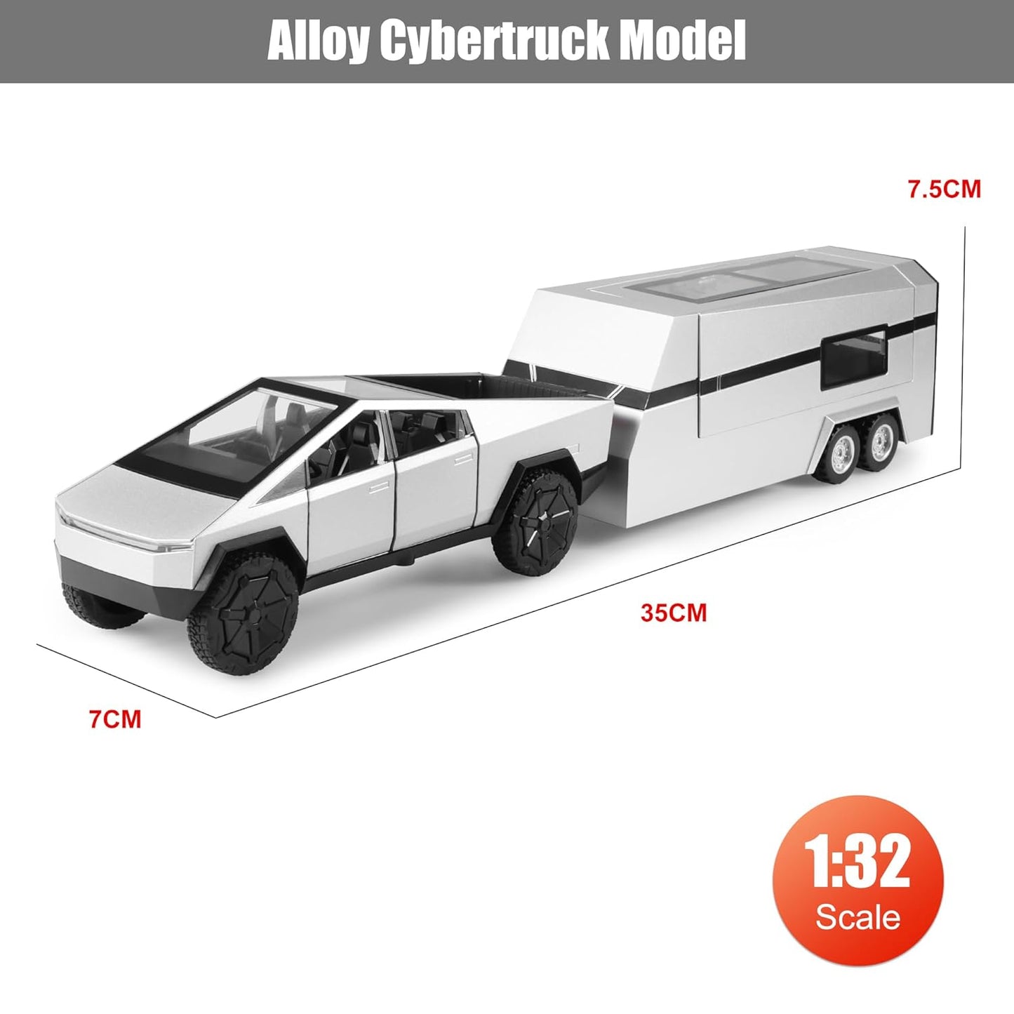 Tesla Cyber Truck Pick-up Trailer Camper 1:24 Diecast Scale Model Car