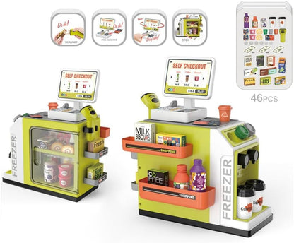 Cash Register Playset for Kids with Sound Light, Mini Supermarket Cashier, Pretend Play Store Money, Calculator, Scanner, Credit Card and Play Foods, Gift for Boys and Girls Ages 3+
