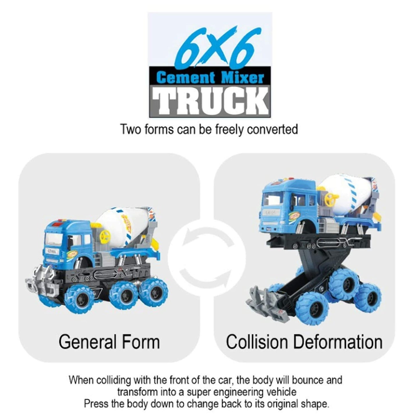 BIG SIZE HEAVY 6X6 PULL BACK DEFORMATION CONSTRUCTION TRUCK VEHICLE TOY FOR KIDS FRICTION POWERED WHEEL SOUND AND LIGHT EFFECT TOY TRUCK FOR 3+ YEARS OLD BOYS GIRLS (CEMENT MIXER TRUCK) [SIZE:-24.5CM*17CM*11.5CM]