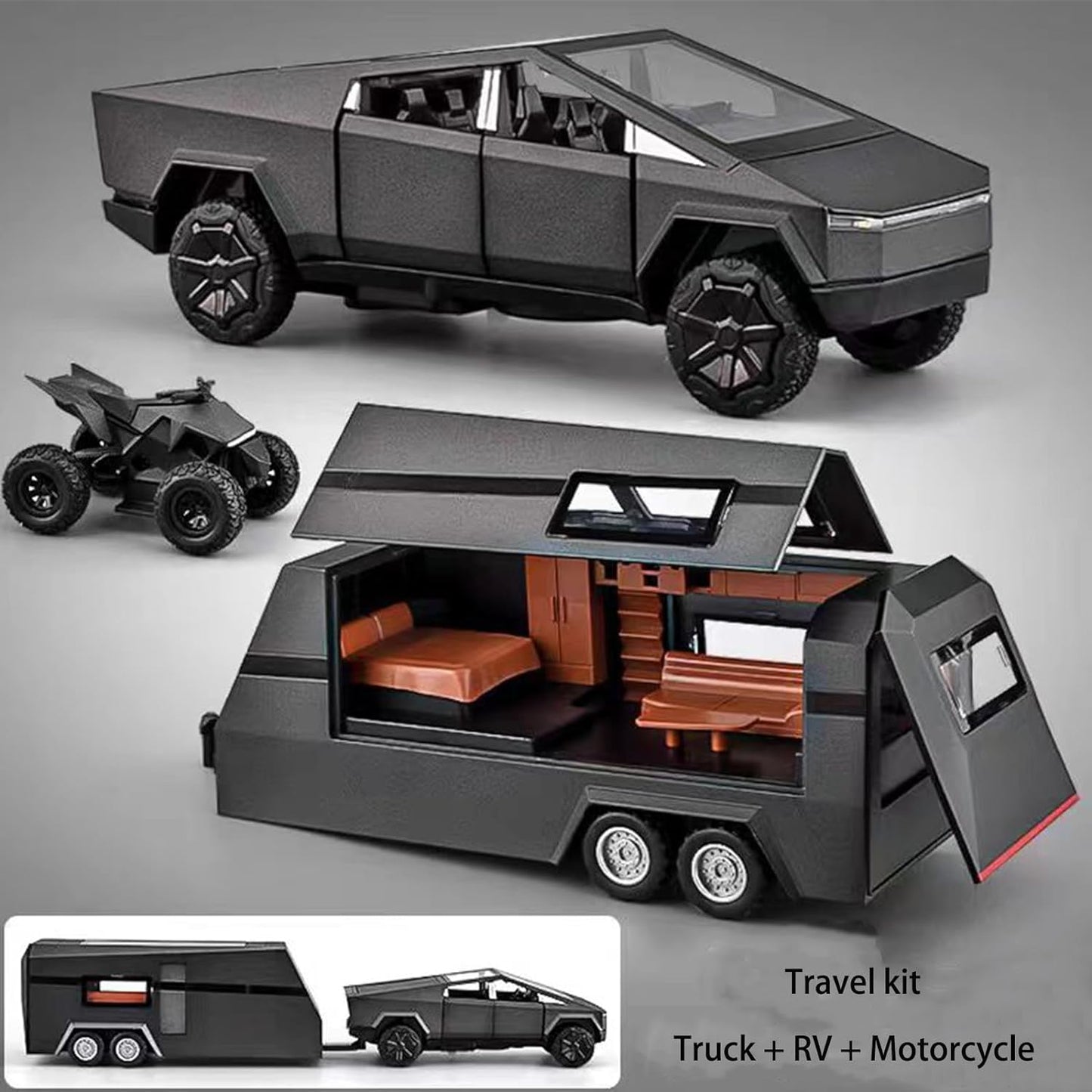 Tesla Cyber Truck Pick-up Trailer Camper 1:24 Diecast Scale Model Car