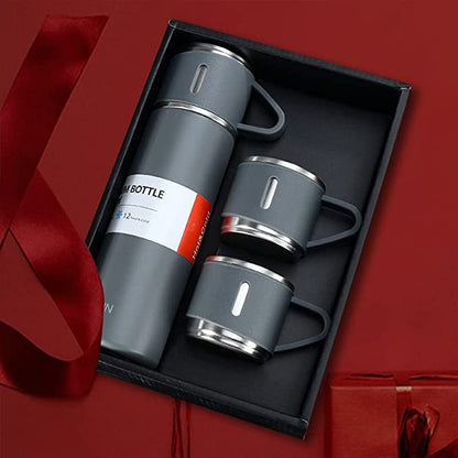 Premium Stainless Steel Thermo 500ml Vacuum Insulated Bottle Water Flask Gift Set with Two Cups Hot & Cold